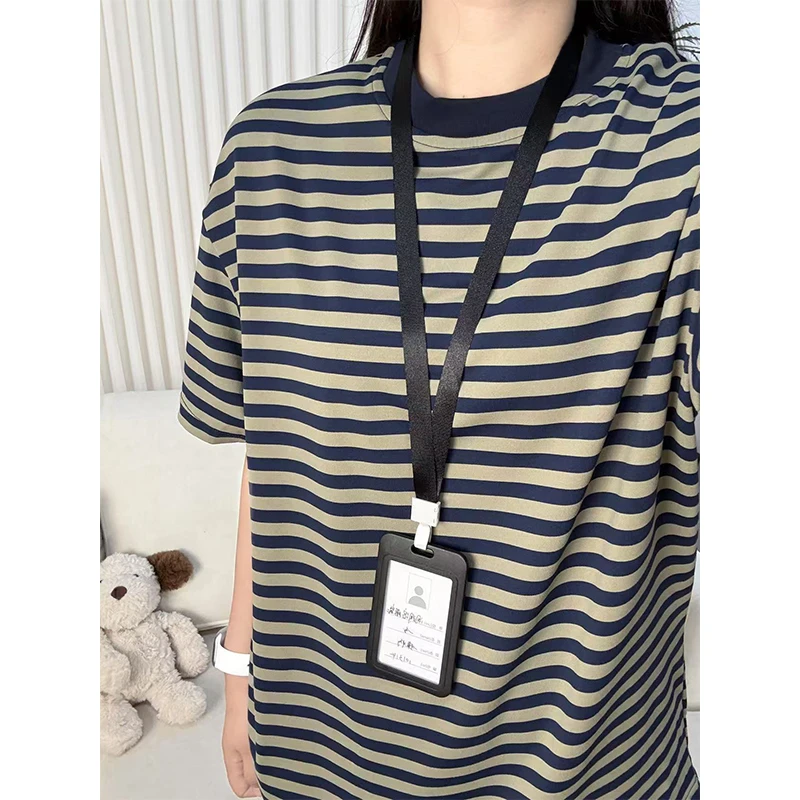 美式复古条纹T恤男夏季薄款冰丝短袖少年感穿搭休闲宽松圆领上衣