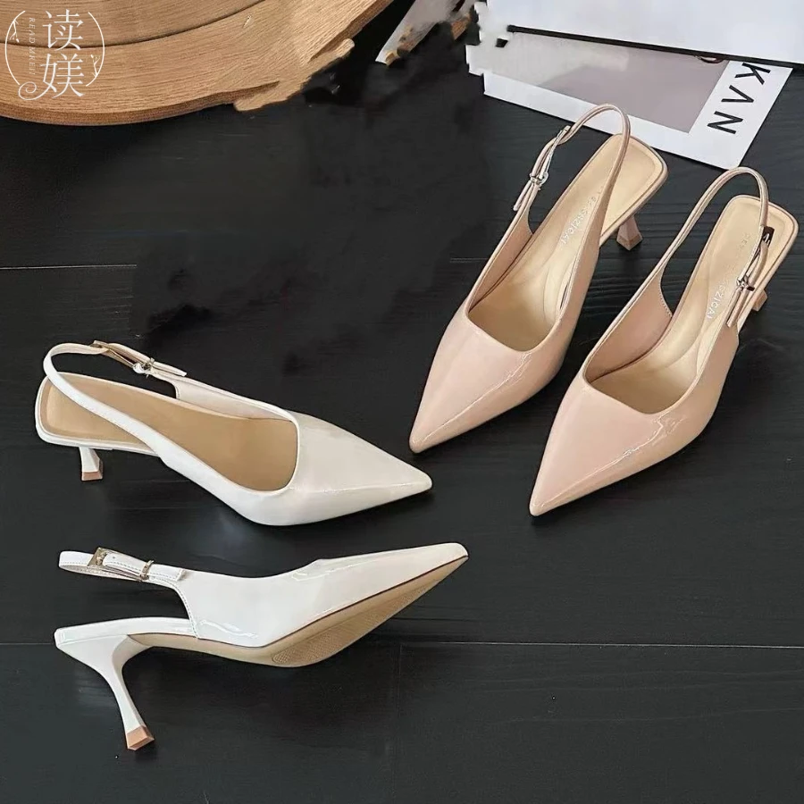读媄【小金条】裸色高跟鞋细跟漆皮尖头后空凉鞋68279