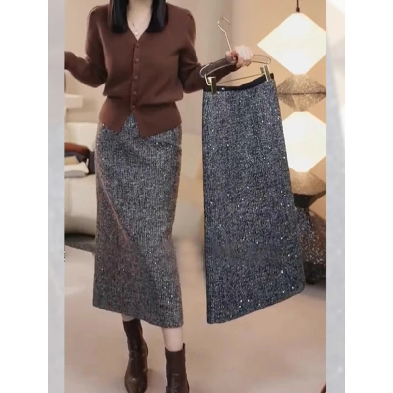 欧洲站漂亮小个子梨形身材高腰显瘦长裙灰色亮片针织半身裙女秋冬