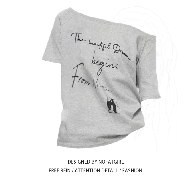 大码微胖MM美式复古灰色字母斜肩短袖T恤女夏季新款休闲百搭上衣