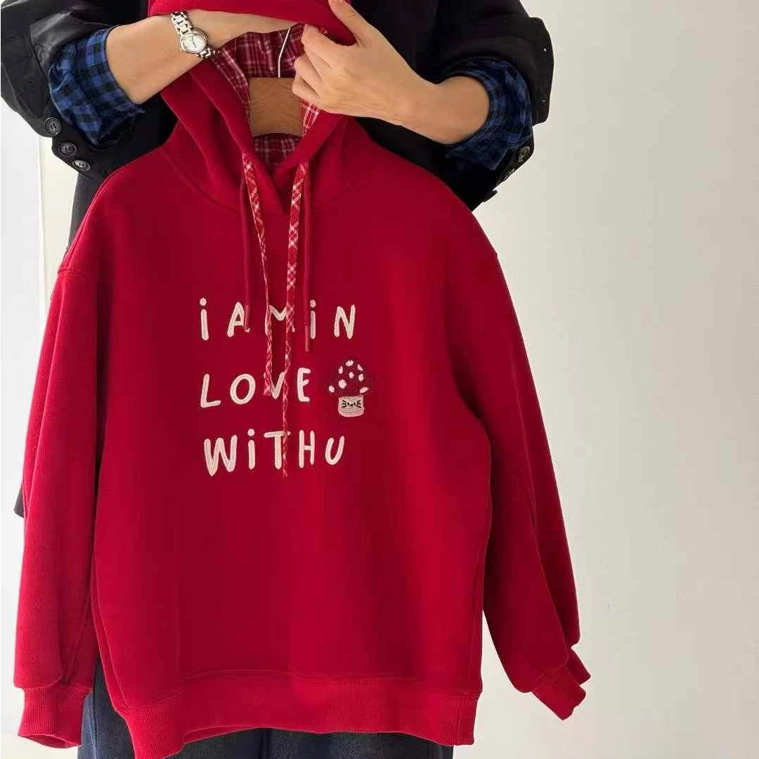 加绒卫衣女童宽松小蘑菇连帽加绒卫衣5033