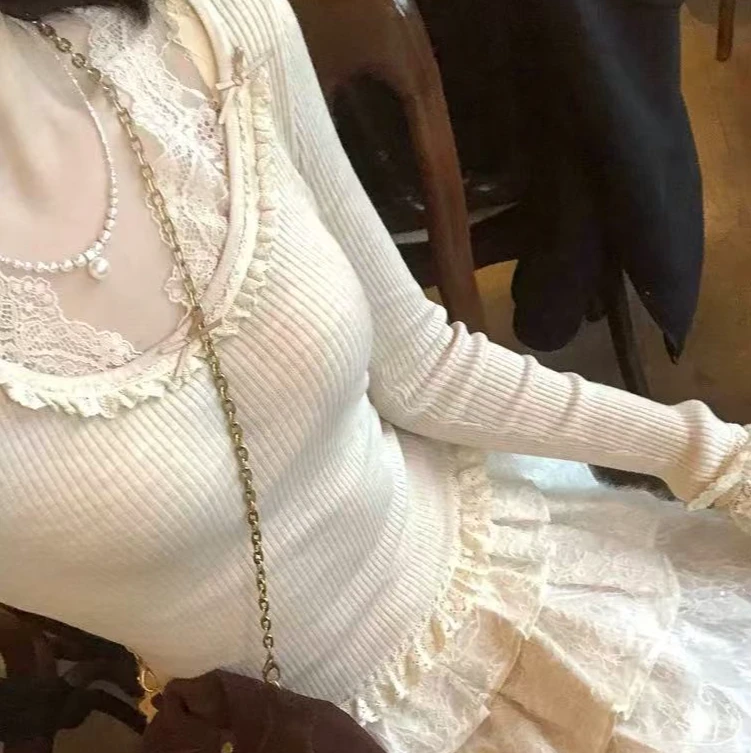 【加厚针织蕾丝花边 】韩系打底衫女秋冬纯欲风保暖显瘦气质内搭