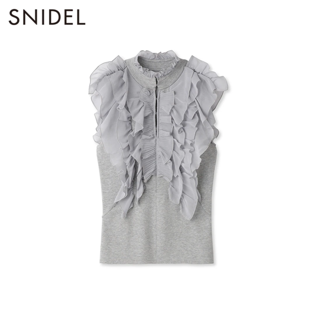 SNIDEL春夏优雅立领褶皱荷叶边小飞袖针织衫SWNT234168