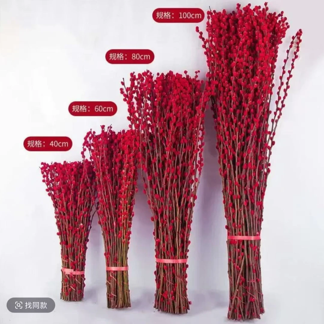 【100cm发财银柳带挂件】真花鲜枝客厅干花摆件红色年宵花卉