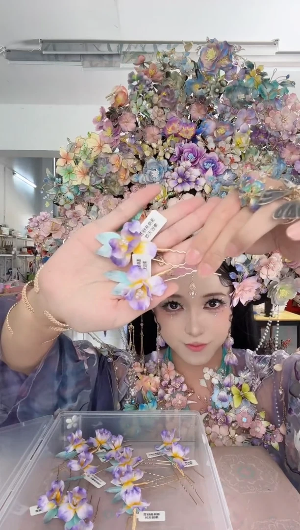 合金无744非遗绒花 小u钗一对