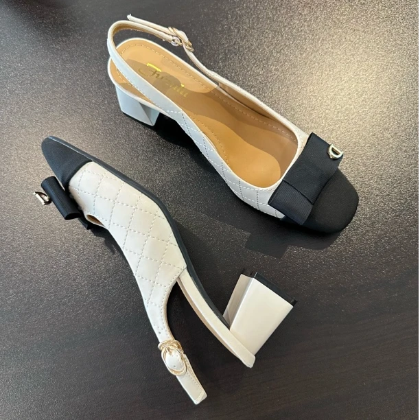 2025新款夏季方头蝴蝶结扣后空包头单鞋粗跟舒适甜美气质百搭凉鞋