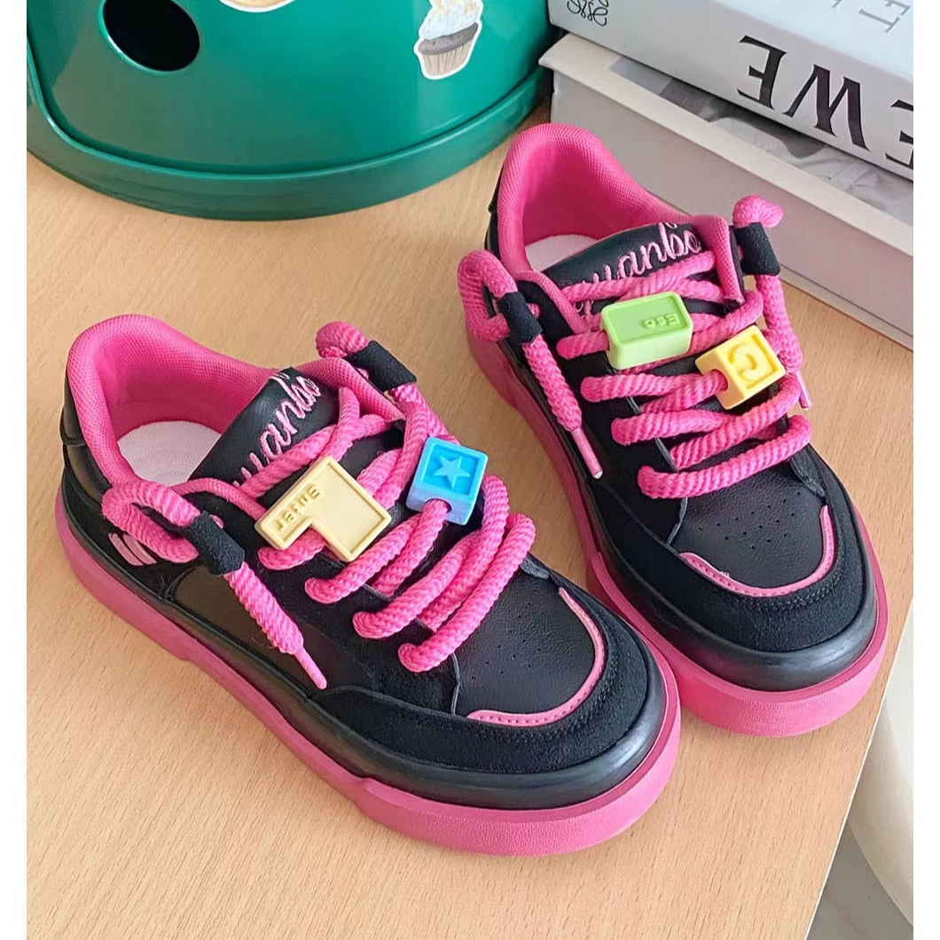 3198 黑粉 美式复古休闲板鞋女2024新款小众设计多巴胺百搭面包鞋