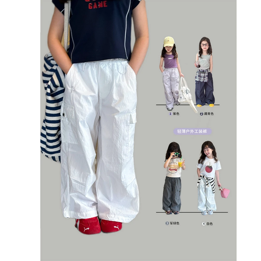 【夏季薄款】中大女童韩版宽松潮酷户外口袋工装裤25C026