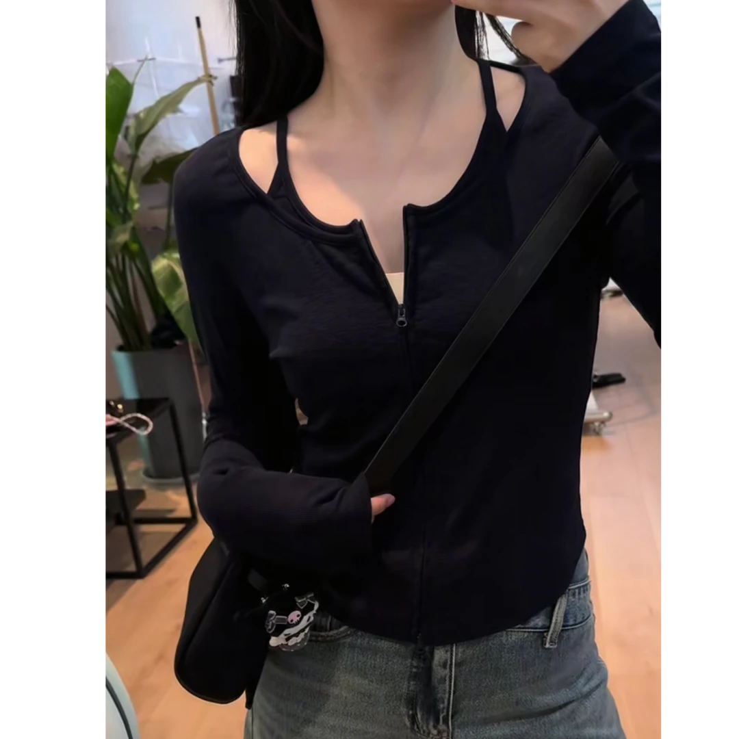 PM王囡囡 藏蓝色假两件双向拉链长T恤 ND1C1291