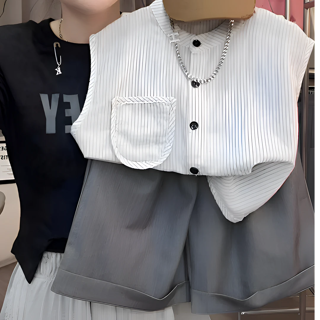 男童夏季背心套装新款宝宝洋气条纹圆领衬衫短裤男宝宝夏季套装