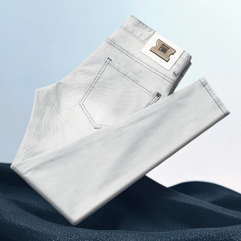 巴赛娜缇夏季新款薄荷灰牛仔裤男潮流弹力修身小直筒时尚简约百搭