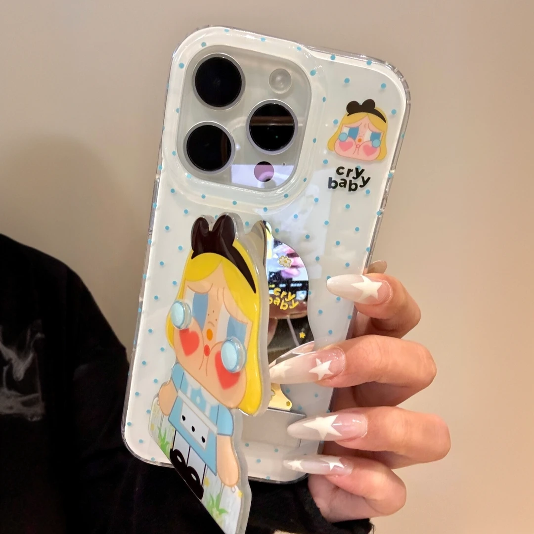 可爱波点蓝裙哭娃翻盖镜面适用苹果16手机壳OPPO荣耀华为小米vivo