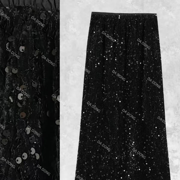 亮片裙--2025新中式轻奢女装半身裙气质百搭黑色中长款蕾丝半身裙