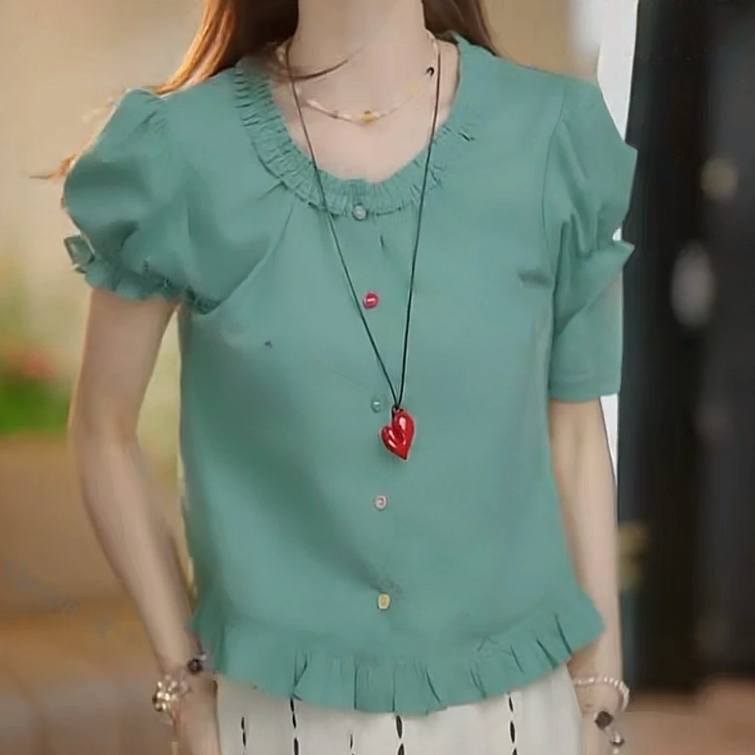 法式木耳边收腰短袖衬衫上衣女2025夏季新款宽松显瘦上衣时尚休闲