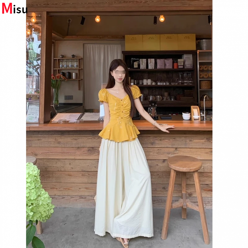 MISU法式甜美泡泡袖衬衫女2025夏季新款收腰显瘦压褶洋气别致小衫