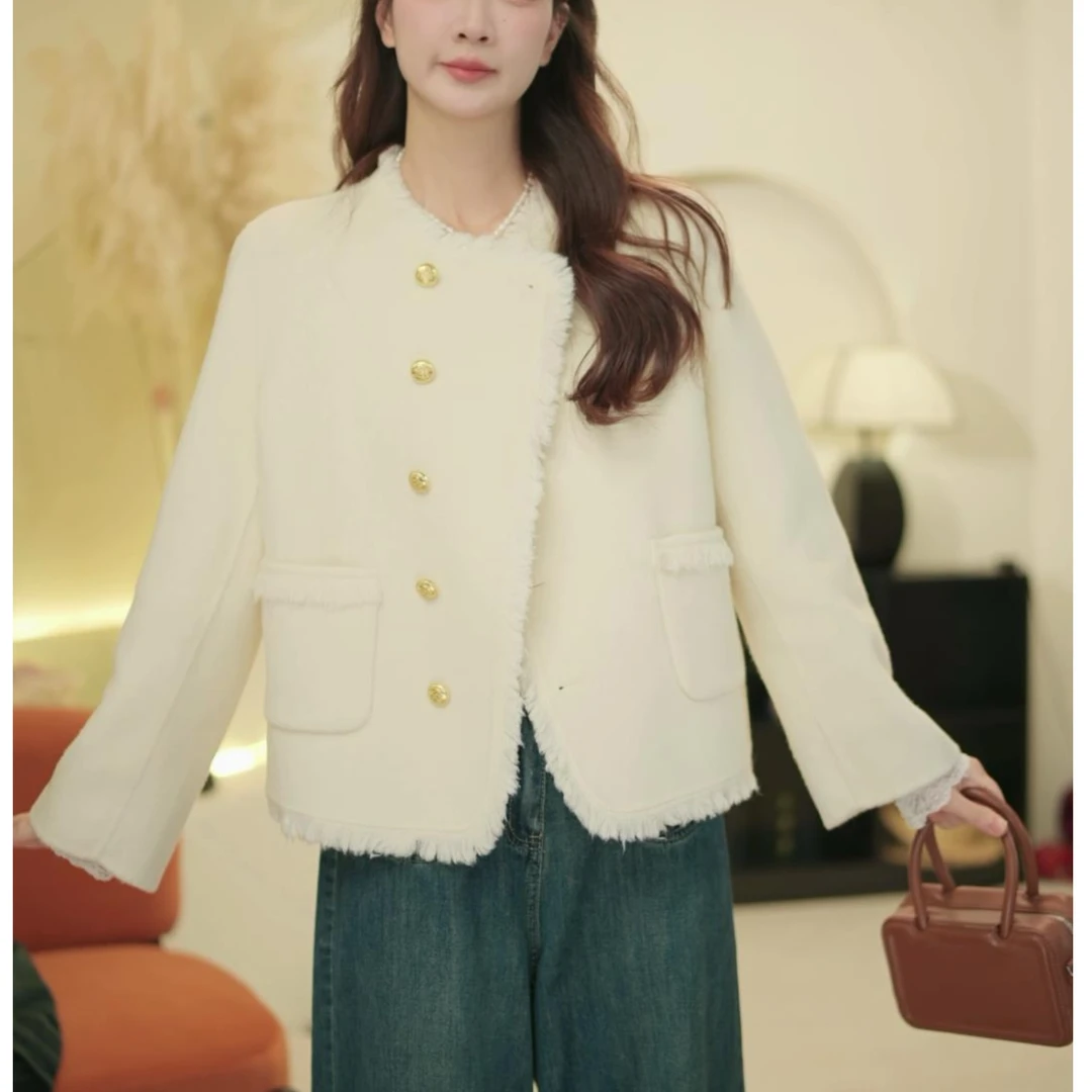 2025春季新款设计感新简约百搭短羊毛小香外套88608