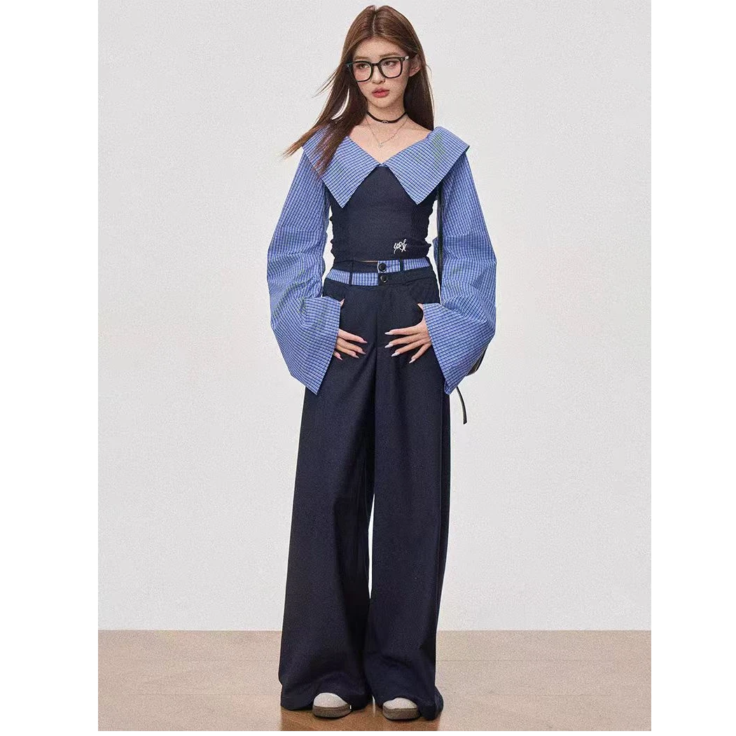 一字肩大翻领条纹拼接上衣+裤子套装