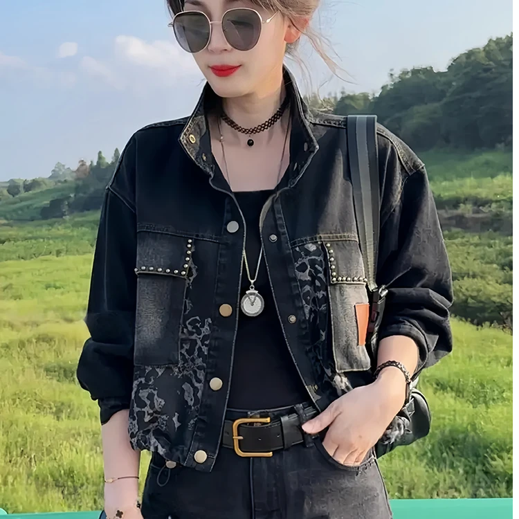 时尚豹纹拼接牛仔外套女2025年秋季新款韩版休闲百搭短款夹克上衣