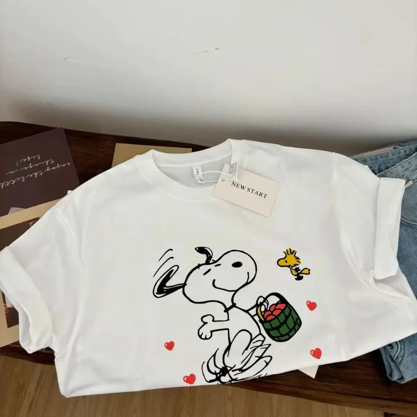 东大门新款爱心史努比卡通印花彩色纯棉T恤女春夏设计感百搭宽松
