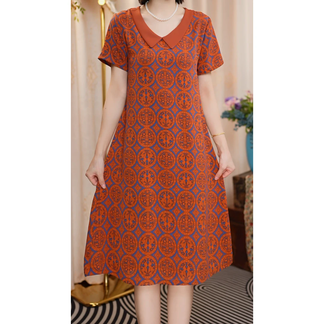 【D复古盘花】夏季女士连衣裙圆领短袖中老年妈妈装显瘦宽松大码