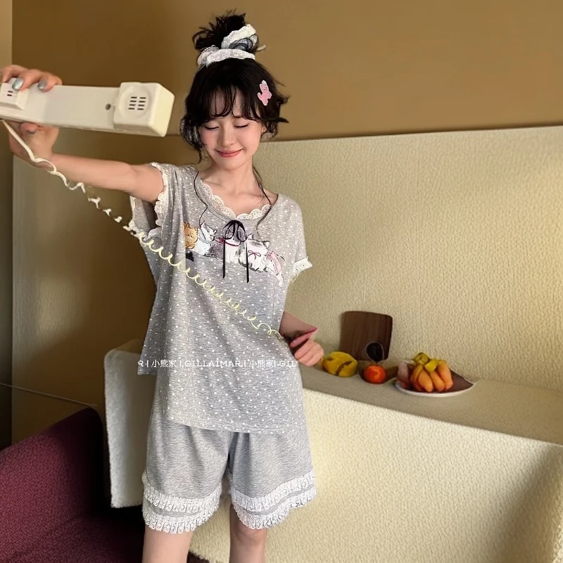 伊涵家小熊夏季点点酷猫家居服套装