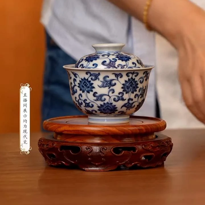 【小乔赏瓷】古窑御器柴烧满绘青花缠枝莲二才盖碗