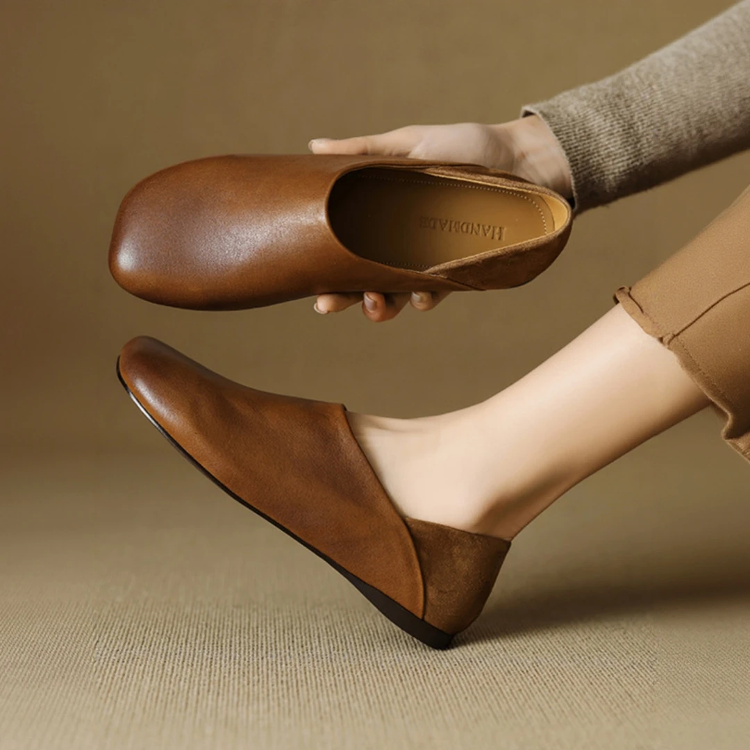 牛皮法式复古软底奶奶鞋2025新款春秋真皮简约平底单鞋大头鞋女鞋