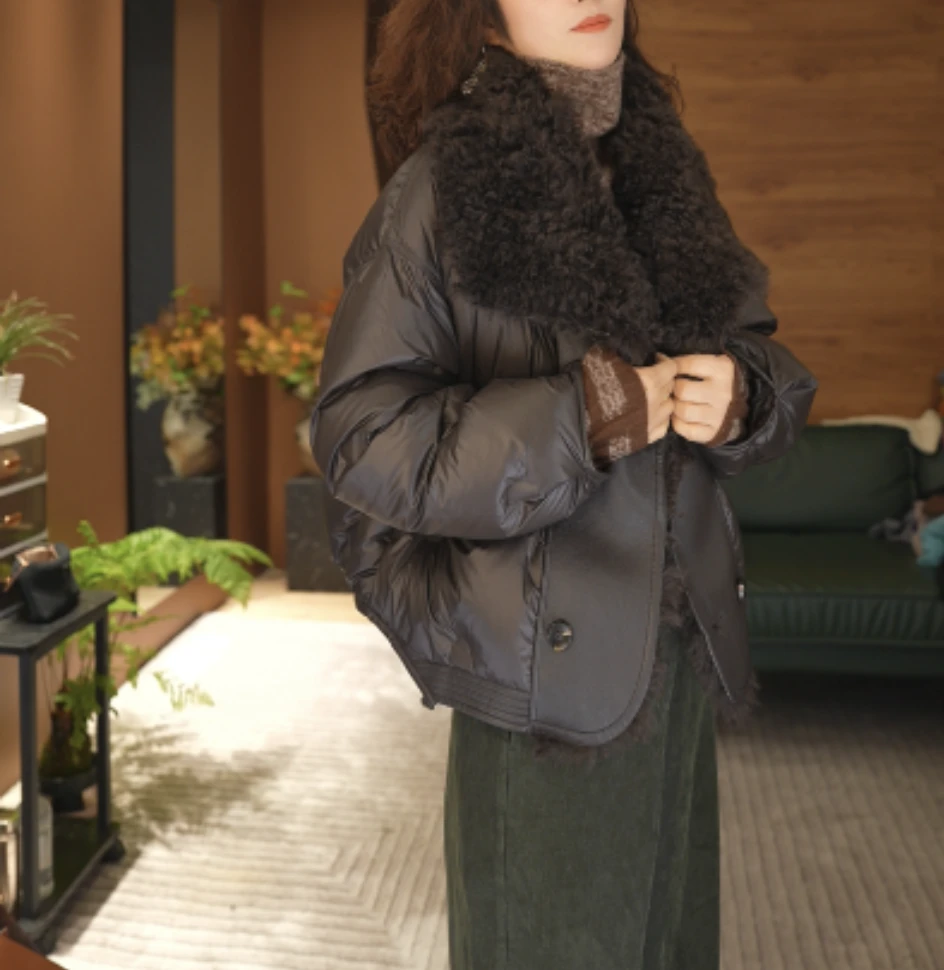 JIUER90绒毛毛领羽绒服 加厚款短款拼皮25892