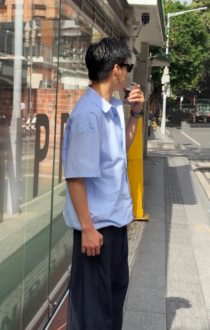 BLUEF美式街头短袖夹两件衬衫白色T恤时尚休闲条纹宽松上衣夏季