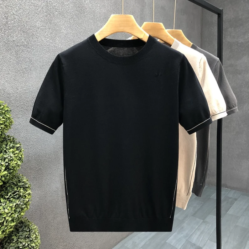 DeweLvum新款休闲薄款百搭时尚短袖毛衣男潮牌圆领针织衫t恤男装