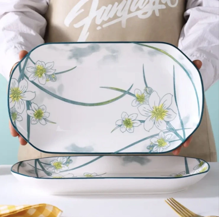 鱼盘一个装30cm水仙花鱼盘长方形创意蒸鱼餐盘家用高颜值大号盘子