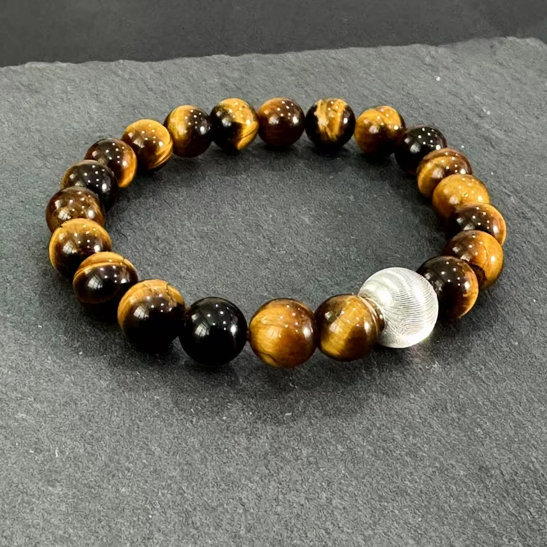 925银手链 黄虎眼石手链石来转手串百搭情侣款精致复古天然虎晴石