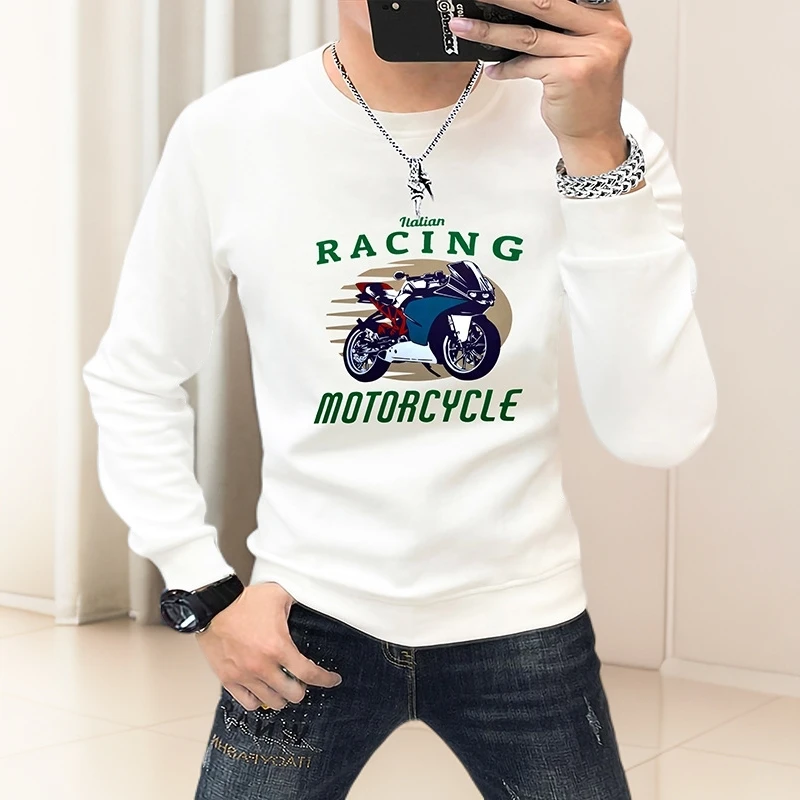 高级感摩托印花潮男卫衣长袖圆领上衣T恤潮流秋冬休闲男装打底衫