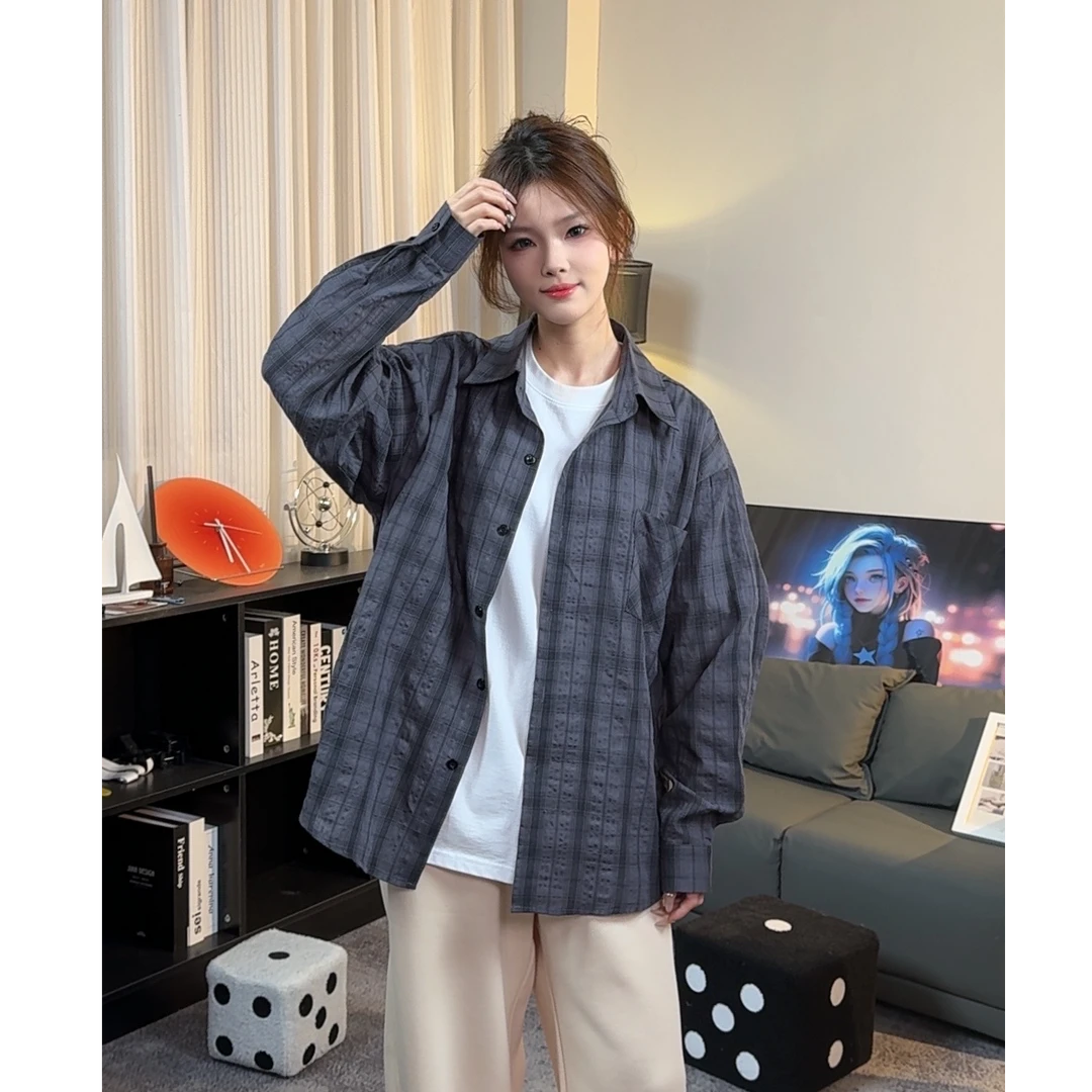 【上新】春夏防晒肌理感格子长袖翻领衬衫男女同款设计感休闲宽松