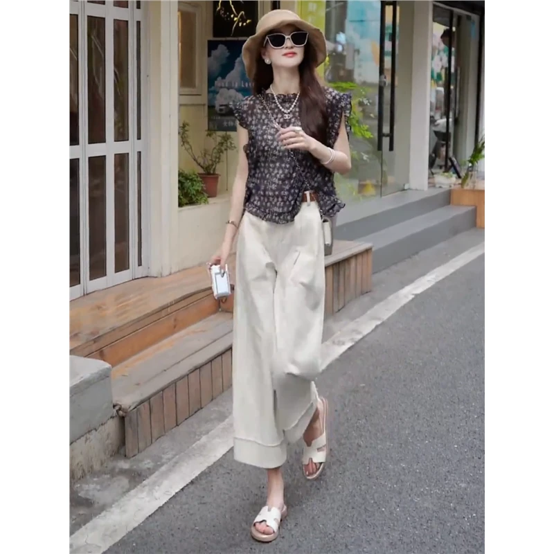 2025夏装搭配一整套碎花飞飞袖小衫阔腿裤小个子时尚减龄两件套装