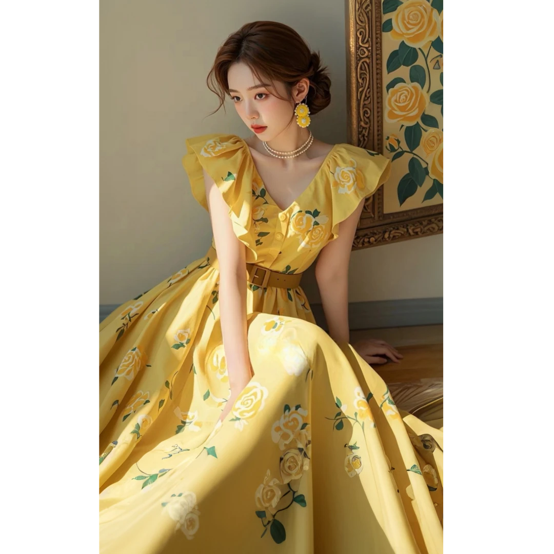 秋季法式小众不撞款沙滩海边度假黄色玫瑰印花小飞袖连衣裙子女