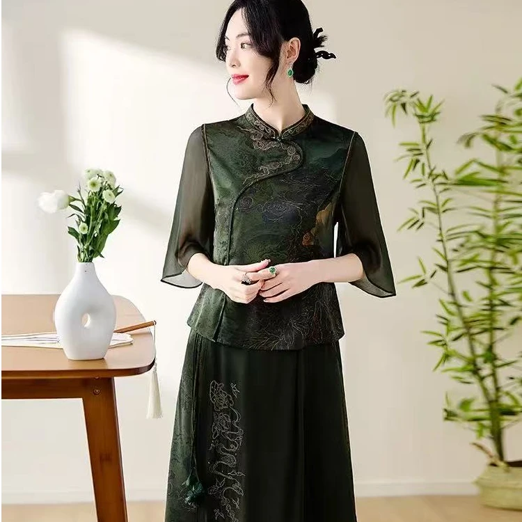 008新中式国风夏装显瘦遮肉时尚两件套裙