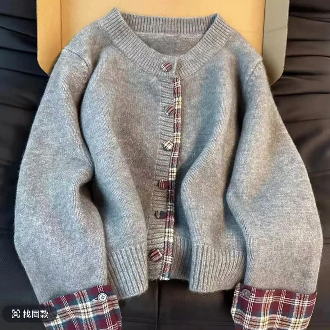 高级灰~格子包边拼接长袖针织开衫秋冬单排扣设计感针织衫