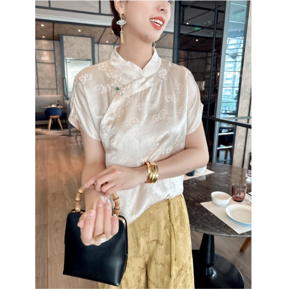 原创真丝衬衫立领桑蚕丝提花中式国风气质显瘦短袖上衣