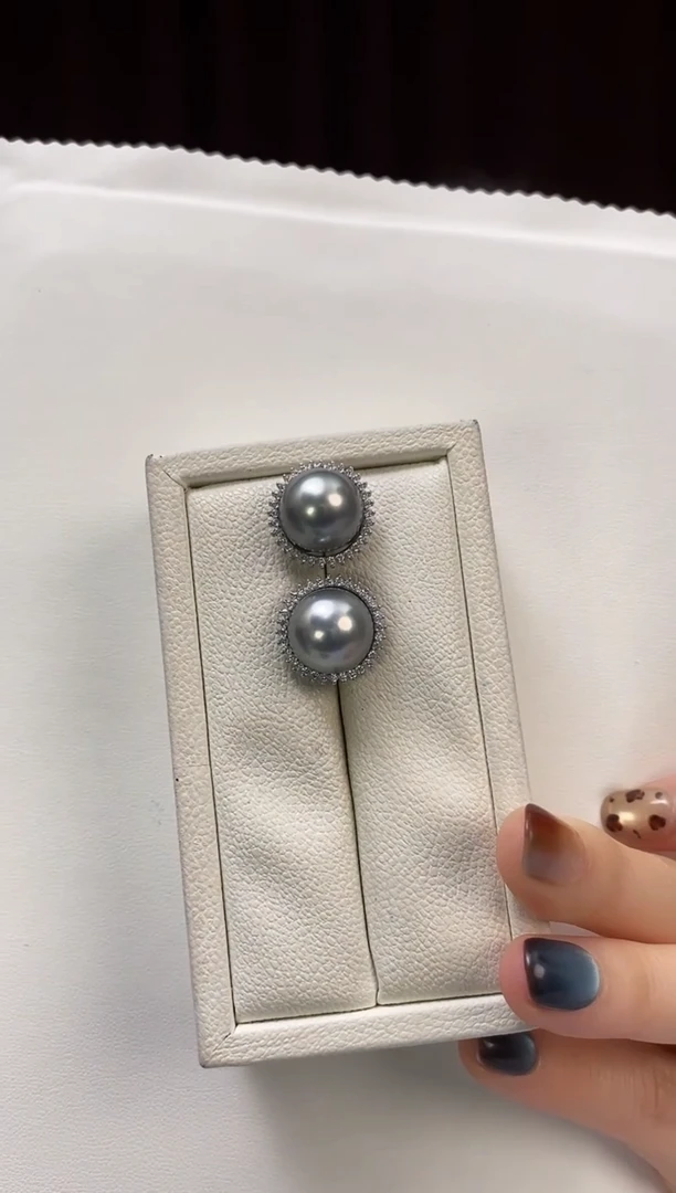 银S925镶嵌耳饰海水珍珠13-14大溪地黑珍珠耳饰