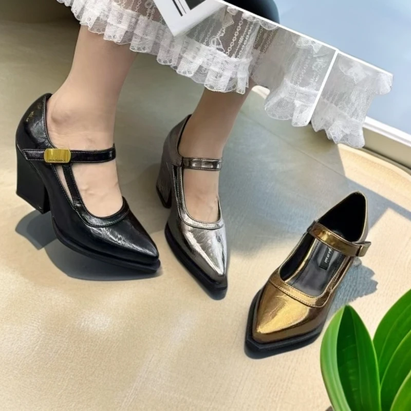 7251658-1真皮美法式尖头玛丽珍百搭小单鞋女粗跟晚晚工作高跟鞋