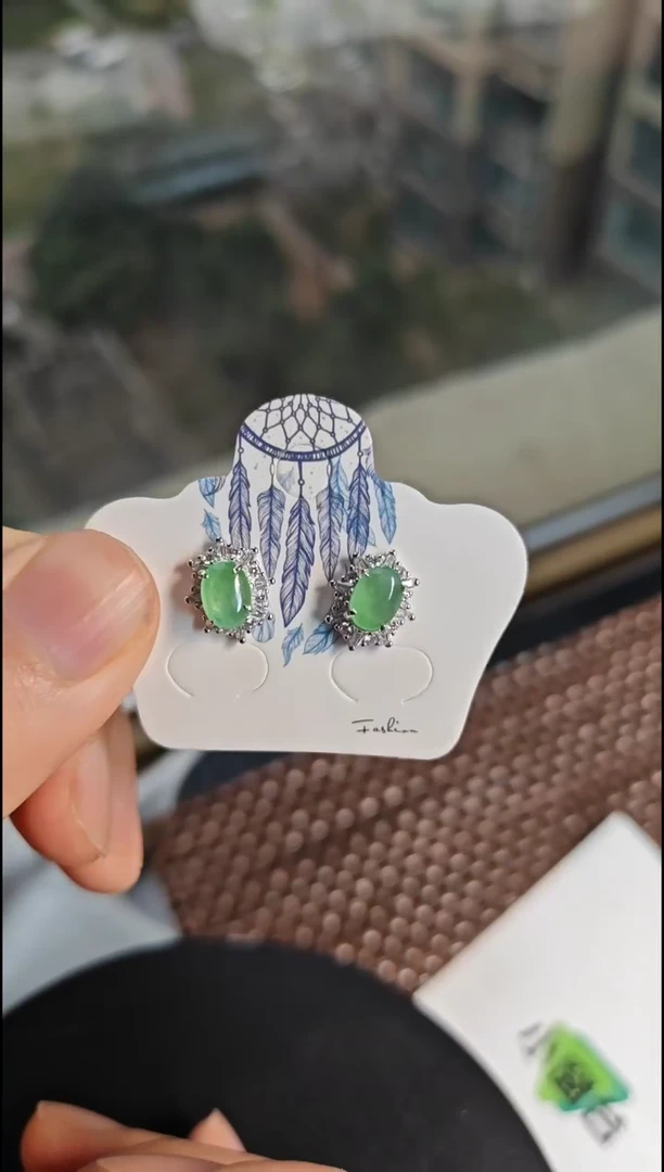 【闪购商品】翡翠耳饰银S925镶嵌翡翠耳饰S925银镶嵌