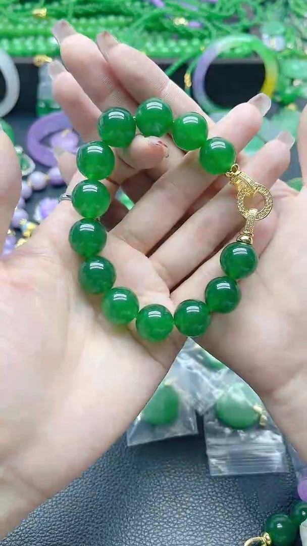 翡翠14K金镶嵌颈饰冰绿14mm手链