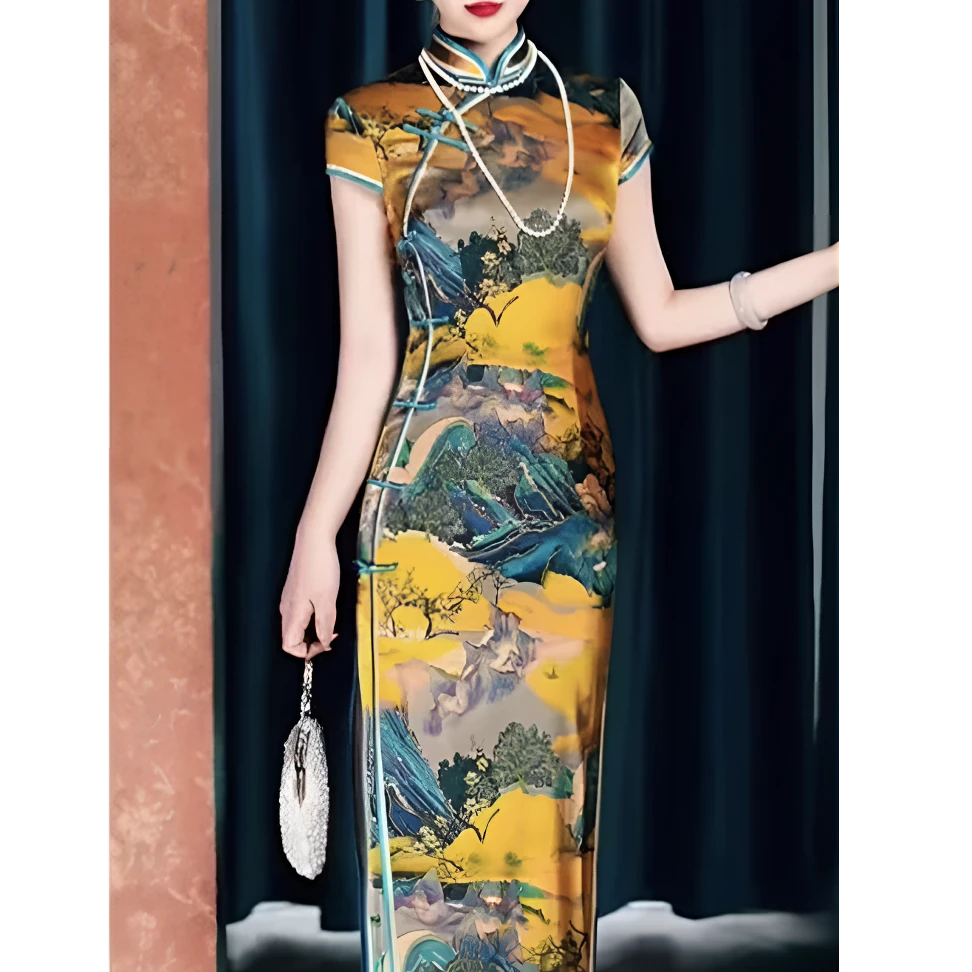 高端气质复古中国风老上海军阀夫人长裙女改良印花旗袍优雅连衣裙