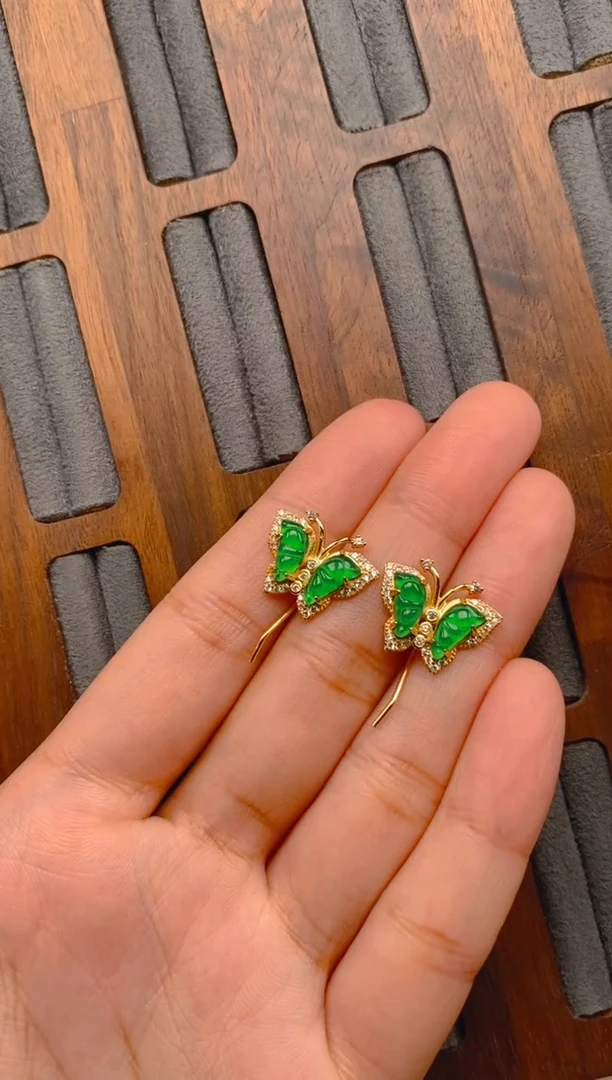 翡翠银S925镶嵌耳饰蝴蝶耳钩