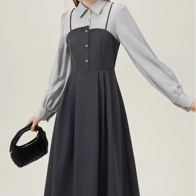 复古学院风2025年西装领拼接假两件百搭显瘦百褶长袖女士连衣裙