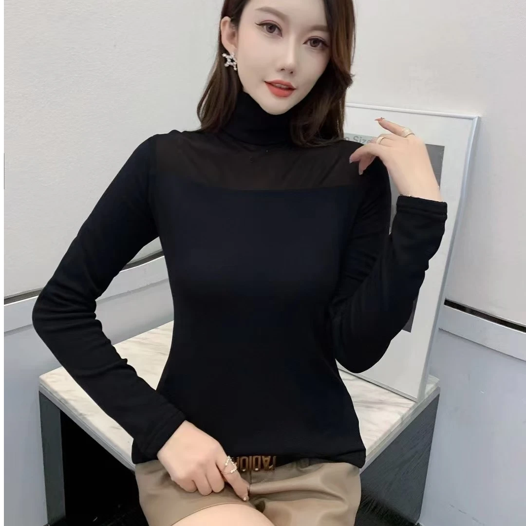 黑色网纱罩衫透明纱衣加绒款