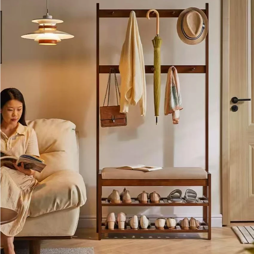 实木换鞋凳一体挂衣架入户门口玄关可坐鞋柜衣帽架家用换鞋凳
