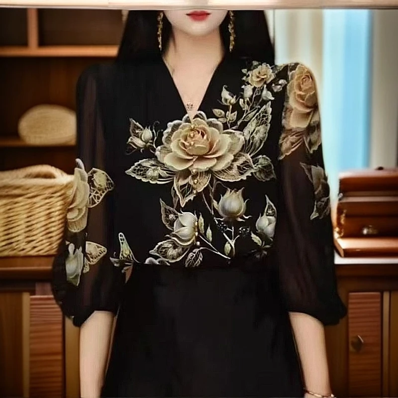 新款高端定位花印花七分袖V领显瘦小衫设计师气质百搭女衬衣2160