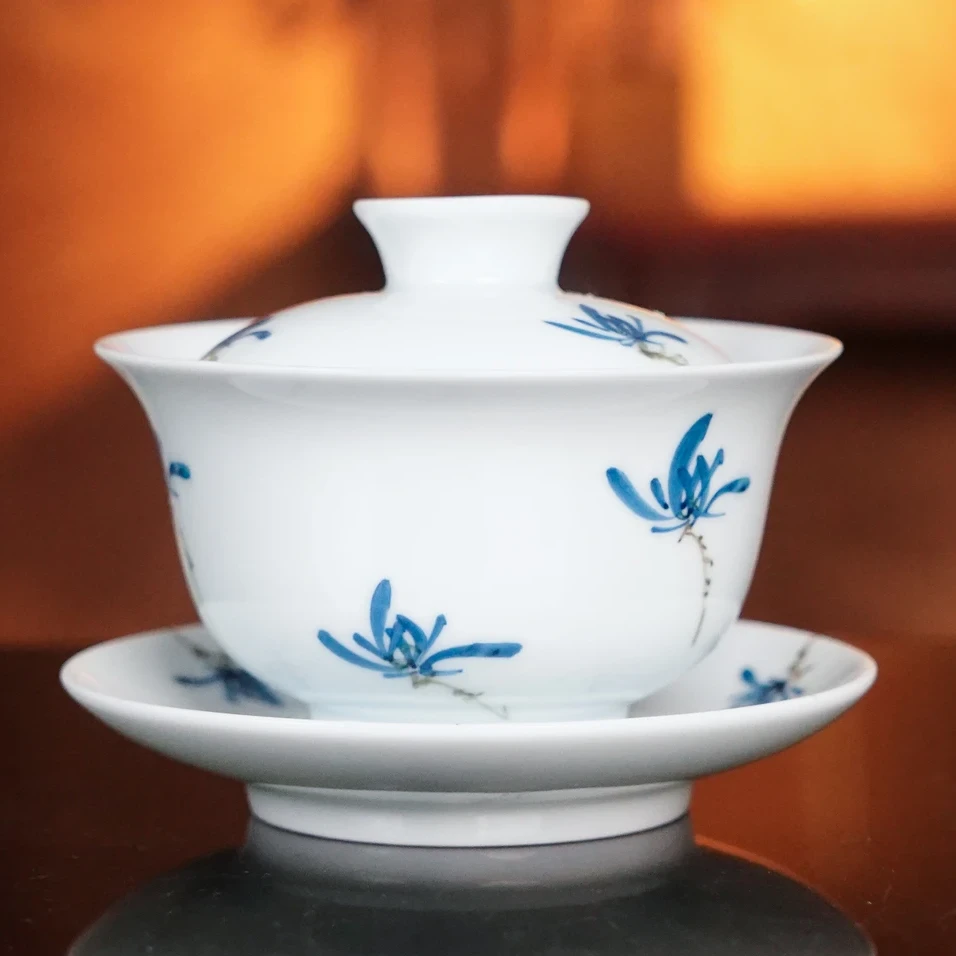 茶周边 蒲公英三才盖碗 家用陶瓷手绘中式手工